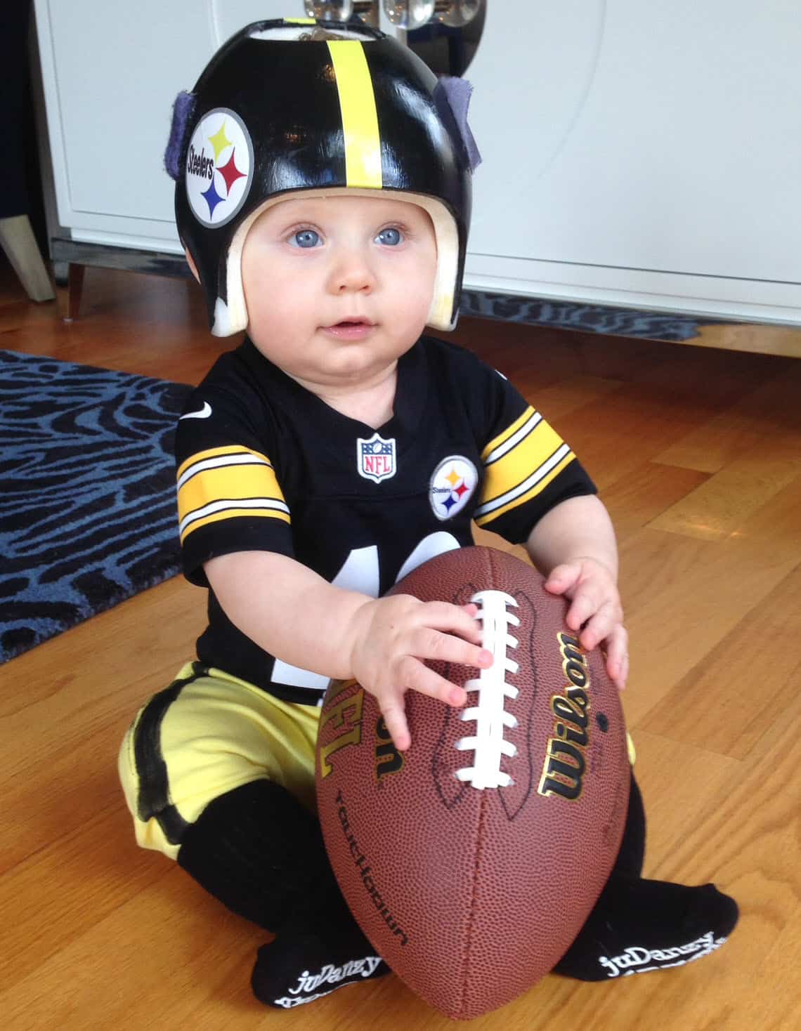 baby in helmet football Pittsburgh Steelers cranial band decals